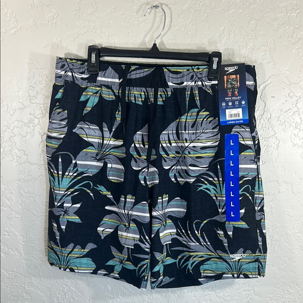 Speedo Black and Green Swim Trunks with Elastic Waistband